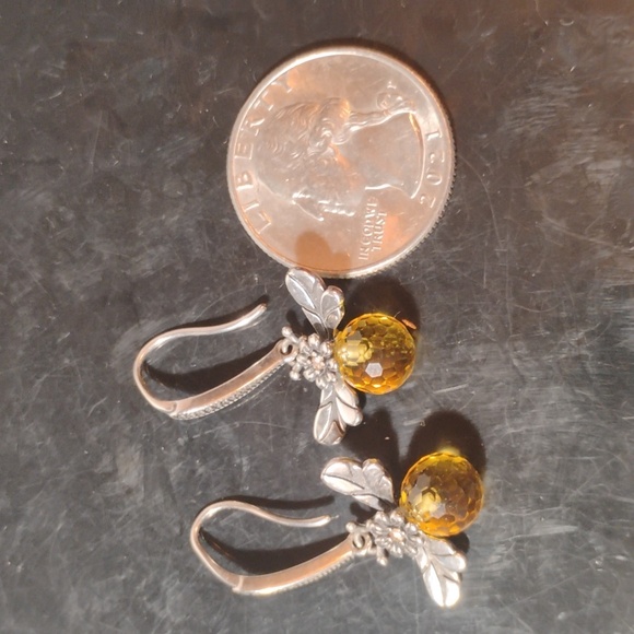 Sterling Silver Baltic Amber Bee Drop Earrings.  - Picture 3 of 5